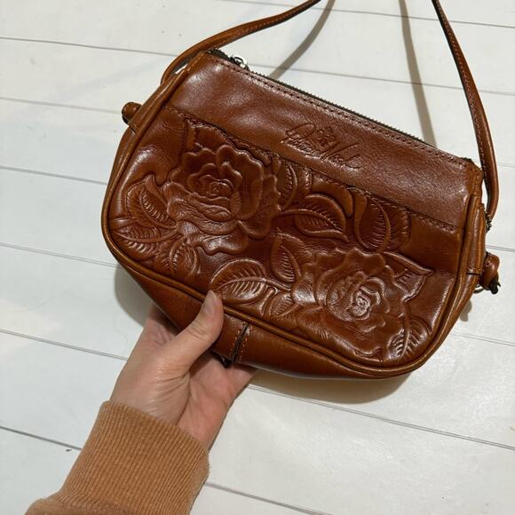 Patricia Nash Brown Leather Embossed Floral Crossbody Shoulder Bag Purse - Picture 2 of 10